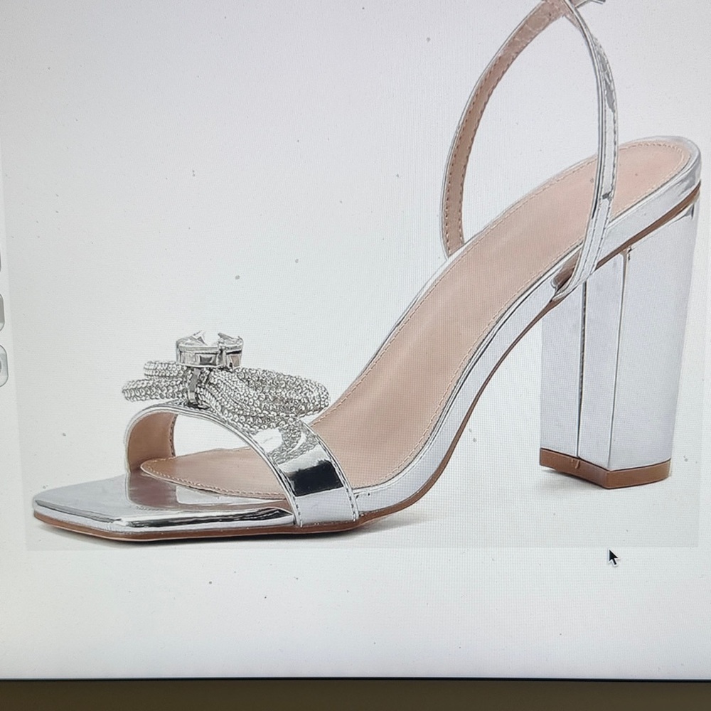 Silver Crystal Bow Block Heel Sandals - Women
